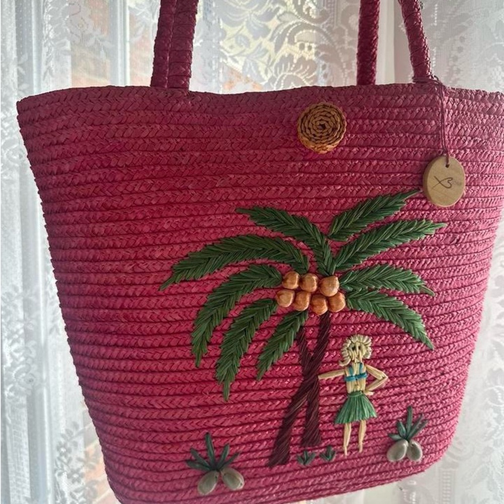 Pink Woven Tote Bag with Palm Tree Design
